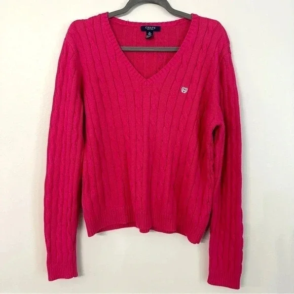 Chaps Cable Knit Hot Pink Long Sleeve V-Neck Sweater Size Large GUC - Picture 2 of 8